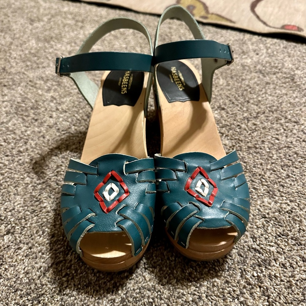 Swedish Hasbeens Huarache Clogs Teal Size 38